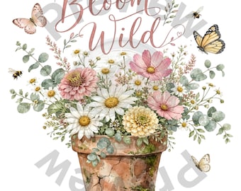 Bloom Wild Watering Can PNG, Vintage Floral Design, Boho Butterflies (Digital Download)