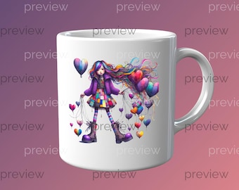 Whimsical Girl Clipart | Colorful Hair, Heart Balloons (Digital PNG Download)