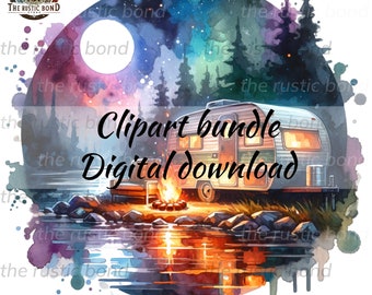 Let&#39;s Go Camping! Tents Cabins Travel Trailers woods lakes river campfire bundle of 9  Beautiful Watercolor Clipart.