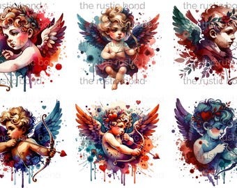 Whimsical Cherubs Watercolor Clipart Collection for Moody Valentine's Day Instant Download Sublimation Design