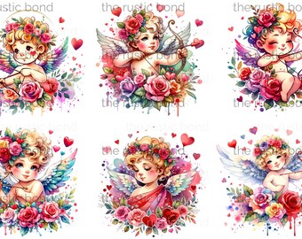 Valentine Cupid Clipart: Watercolor Cherubs with Flowers (Digital Download)