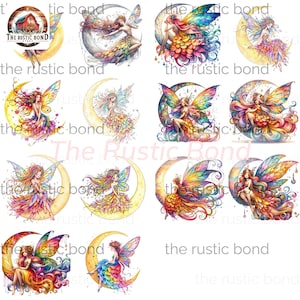 Collezione di fate della luna crescente per biglietti, diari spazzatura - Set di 14 design di sublimazione con download istantaneo di clipart stravaganti