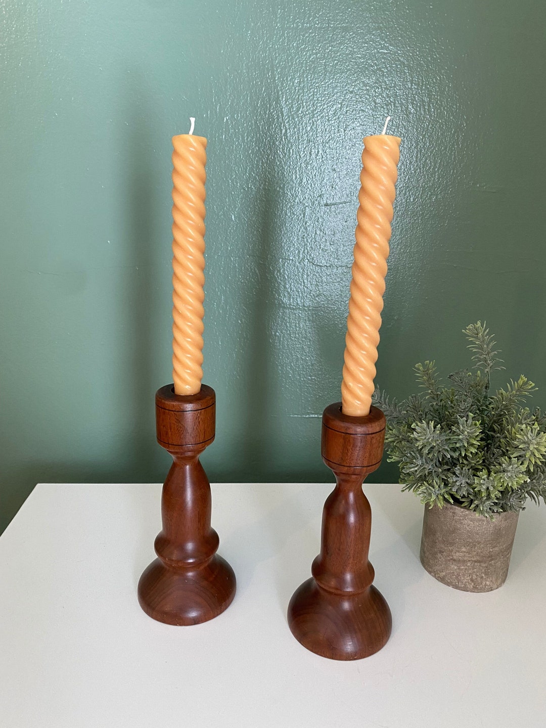 Two Vintage Brown Wood Candle Holders 7 Inches Tall Etsy