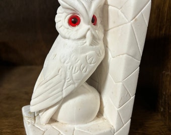 vintage Mcm retro white stone owl bookend with red eyes. 5 1/2 inches tall