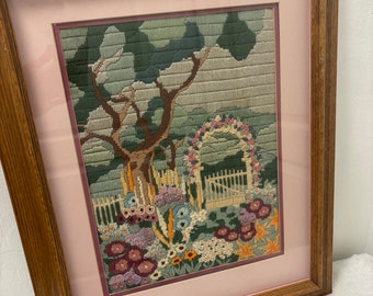 vintage embroidered garden gate scene framed and matted 21 by 17
