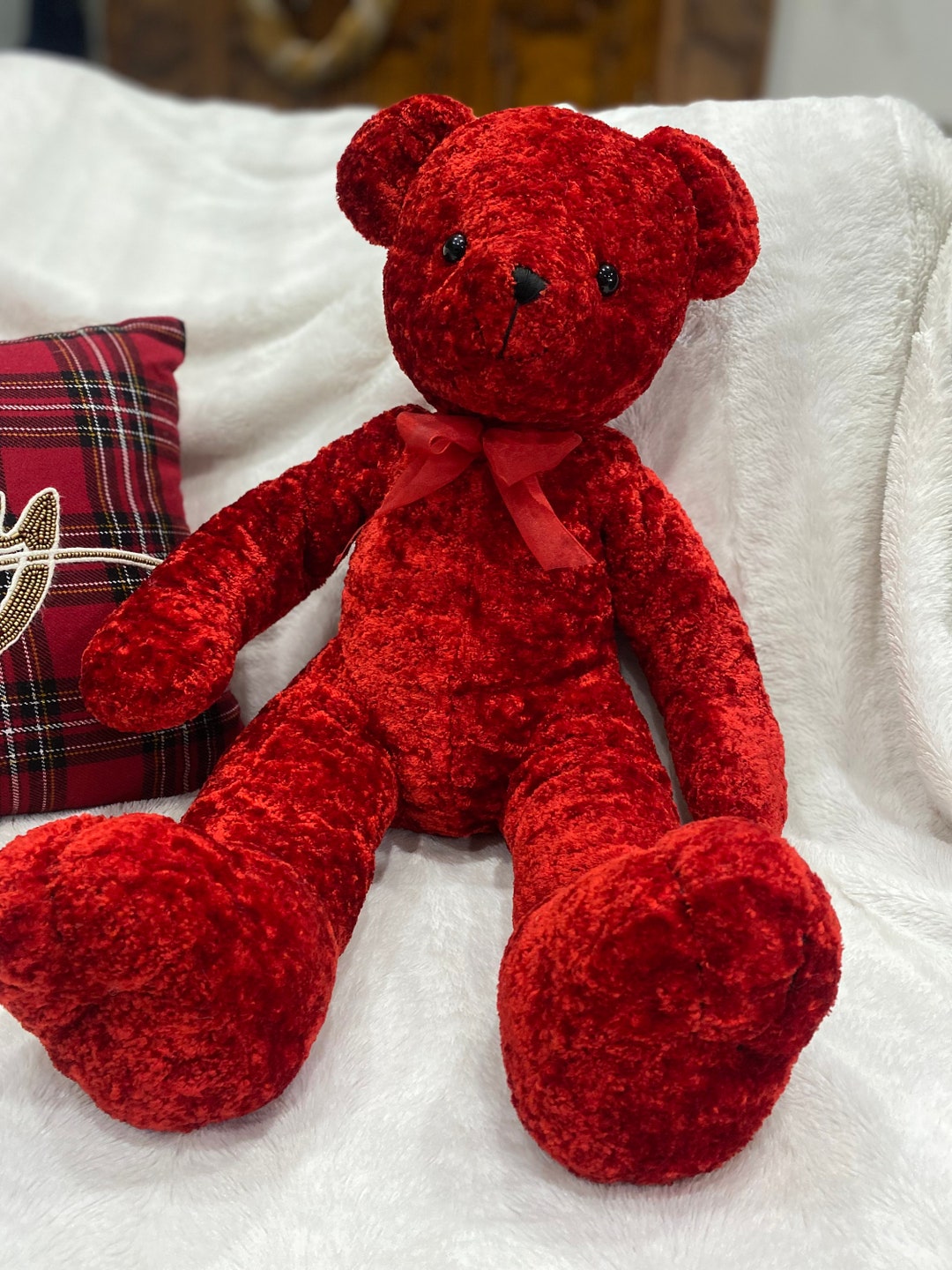 Vintage Beautiful Red Plush Teddy Bear With Bow 20 Inches Tall Etsy