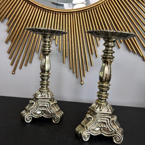 pair of vintage Rubel silver tone metal candle holders 9 inches tall. 1960s