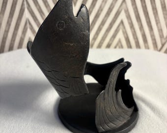 Mid century modern black cast iron fish bottle/candle holder