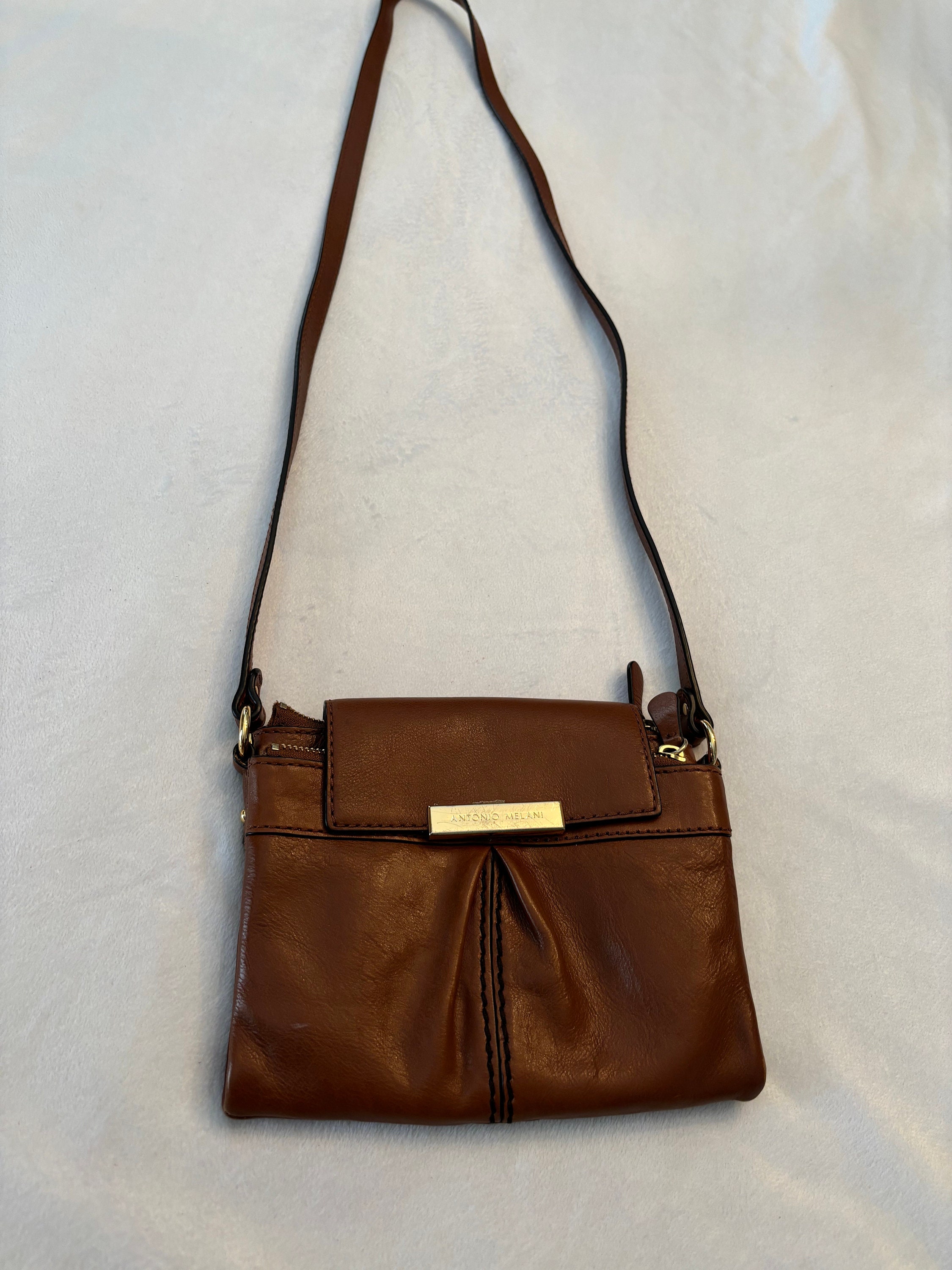 Womens Antonio Melani Brown Leather Crossbody Bag 30 Inches Long