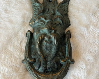 vintage cast iron gothic devil face green door knocker