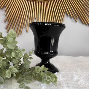 vintage Amathyst chalice shaped black glass vase 6 inches tall