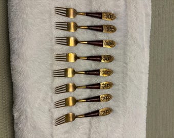 Set of eight vintage Siam buddah brass and wood appetizer forks 6 inches long