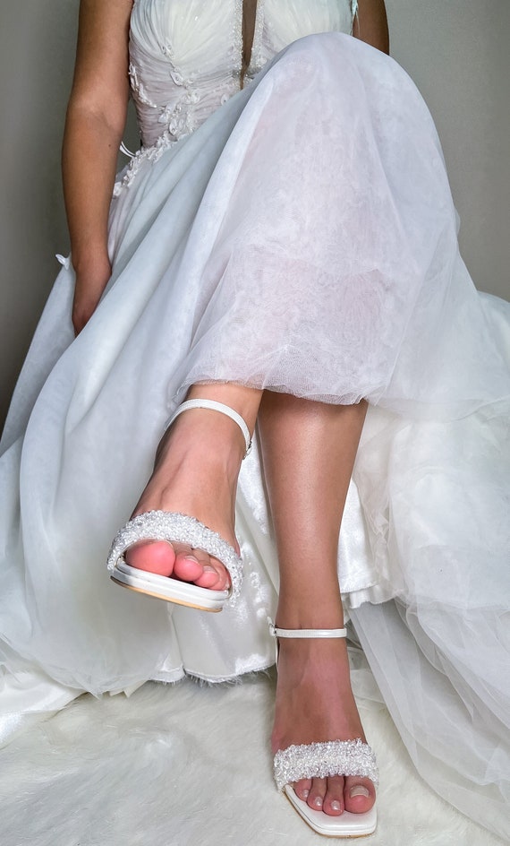 Beaded and Ankle tied Bridal Shoes Thick Heels and Comfortable Wedding Shoes. Etsy UK