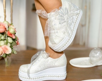 Bridal Sneakers with High Heel - Elegant Lace Beaded Flower Design Wedding Shoes, Sequined Lace Stone Embellishments, Comfortable Bride Gift