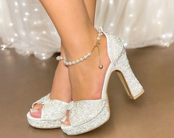 Pearl & Gemstone Embellished High-Heels with Elegant Ankle Strap, Bridal Shoes Showstopper, Comfort Platform, Ultimate Bride's Gift