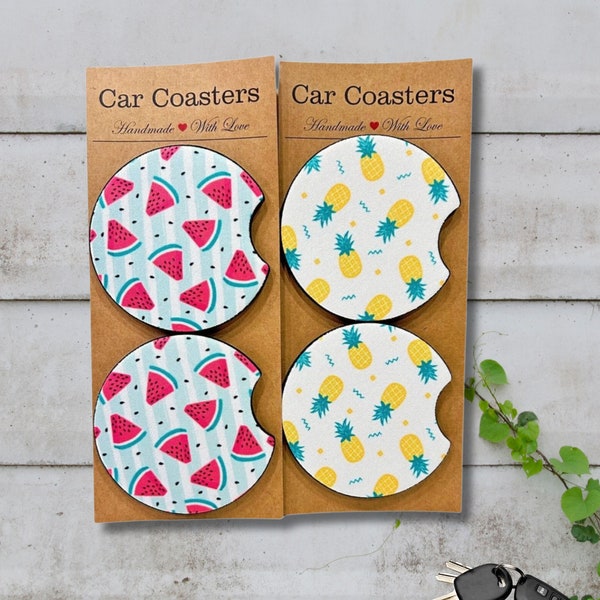 Cute Fruit Car Coasters, Set of 2, Cute Aesthetic Car Coasters for Her, New Car Gift, Girly Cute Car Accessories, Tropical Fruit Coasters