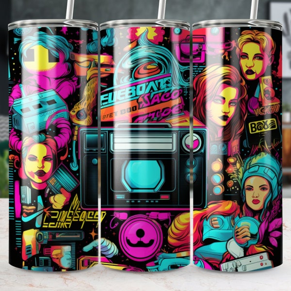 Retro 80s Pop Culture Tumbler, Neon Colors Mixtape Boombox Graphic, Vintage Cassette Vinyl Design Travel Mug