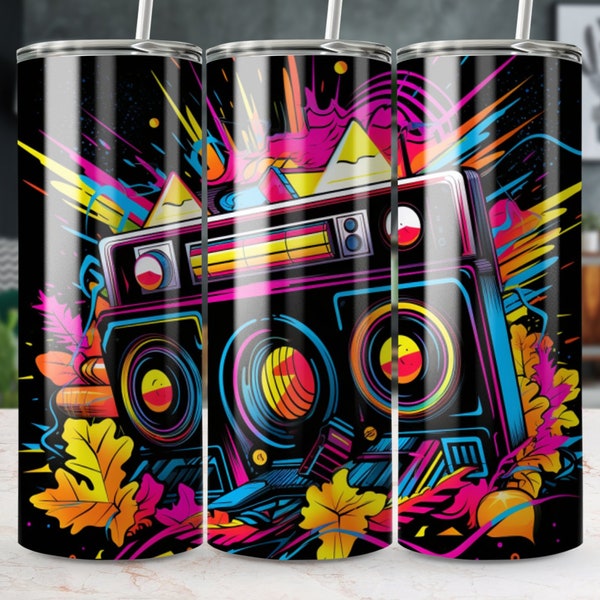 Retro Boombox Tumbler, Colorful Music Themed Insulated Cup, 80s Style Travel Mug, Cold Hot Beverage Container