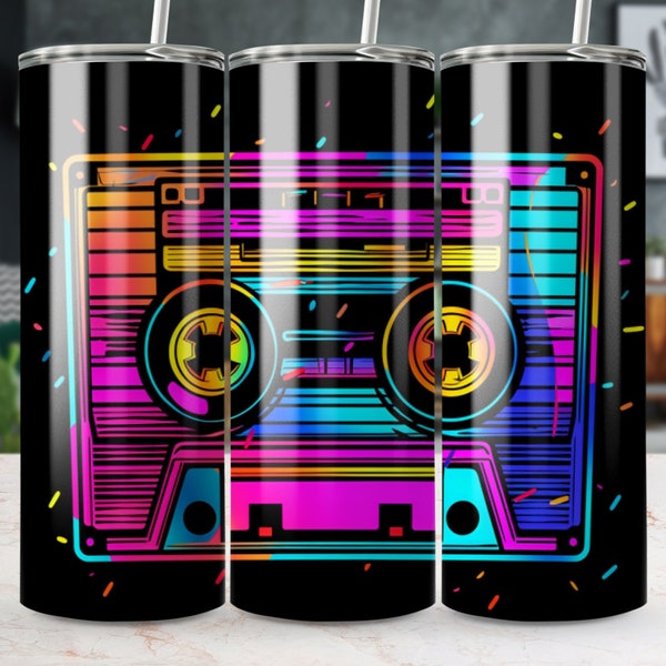 Retro Neon Boombox Tumbler, Colorful 80s Music Cassette Player, Insulated Travel Mug, Unique Gift Idea, Cool Vintage Drinkware