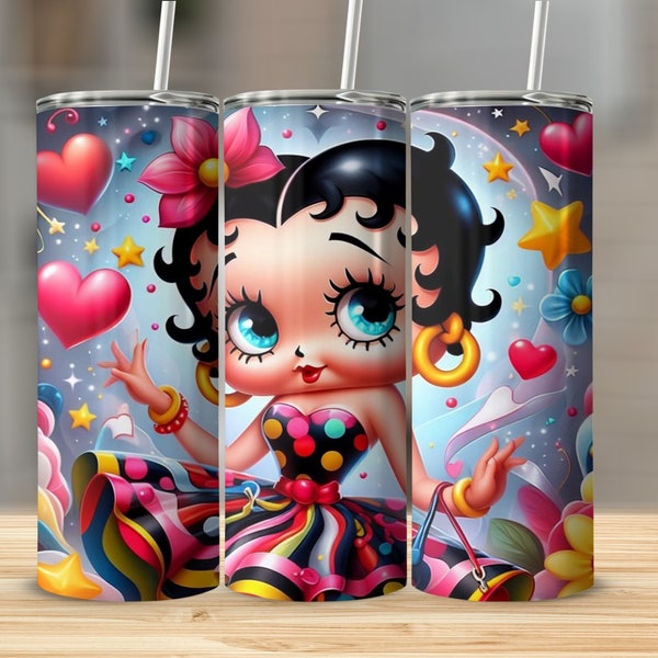 Cute Cartoon Girl Tumbler, Colorful Retro Art Travel Cup, Polka Dot Dress, Unique Gift Idea, Fun Beverage Container, 20 oz