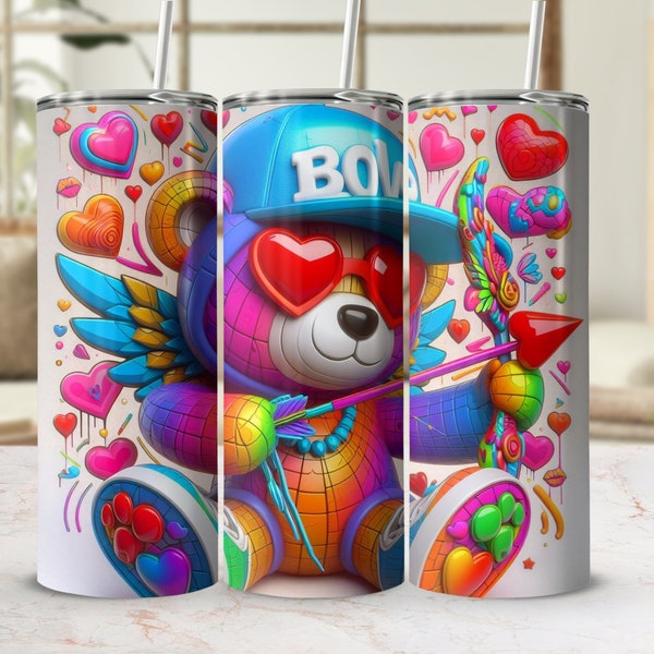 Colorful Love Bear Tumbler, Cute Teddy Bear with Hearts, Playful Cartoon Bear Cup, Valentine's Day Gift Tumbler, Rainbow Bear Tumbler