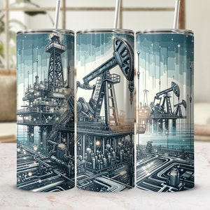 May include: Three stainless steel tumblers with a graphic design of an oil rig and oil derricks. The tumblers are blue and gray with a white background.