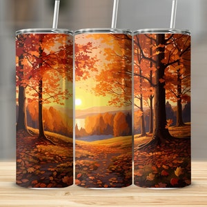 Fall Skinny Tumbler Wrap 20oz Outdoors Sunset Beige and Orange Trees Autumn Leaves INSTANT DOWNLOAD