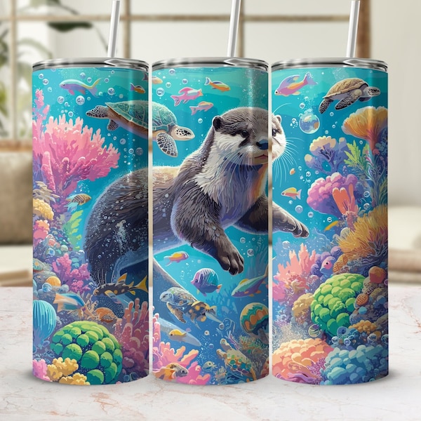 3D Sea Otter 20 oz Skinny Tumbler Sublimation Design, Instant Digital Download, Straight Tumbler Wrap