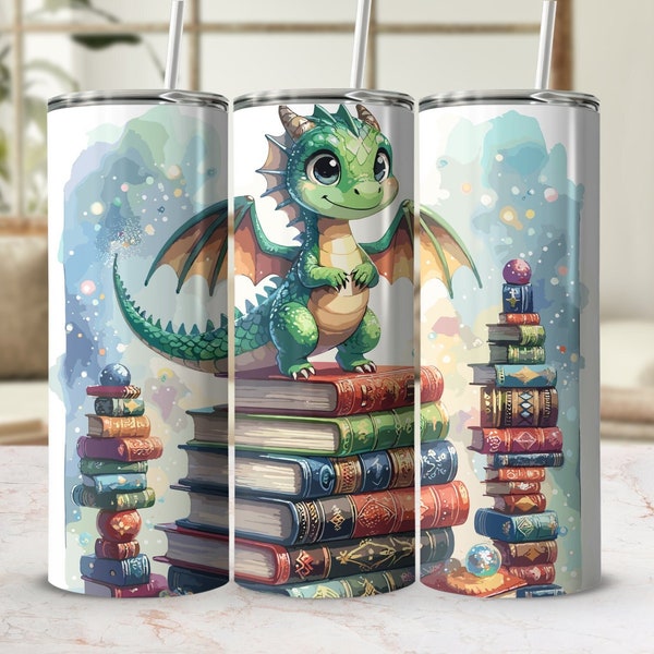 Book Dragon Tumbler | Reading Book Lover Tumbler | Dragon 20 Oz Skinny Straight Tumbler Sublimation Design | Custom Engraving | Shadow Daddy