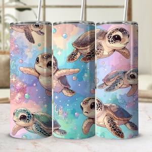 Vaso con estampado de tortuga bebé / Vaso bebé tortuga linda png / Diseño de sublimación / Envoltura de vaso de tortuga marina Png / Descarga digital instantánea Png