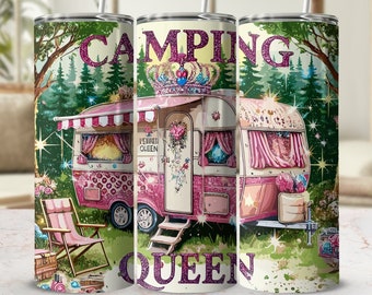 May include: A pink and white camper with a sparkly design and the text "Camping Queen" on a green and white background. The camper has a pink awning and a pink and white floral design. The background is a forest scene with trees and stars.