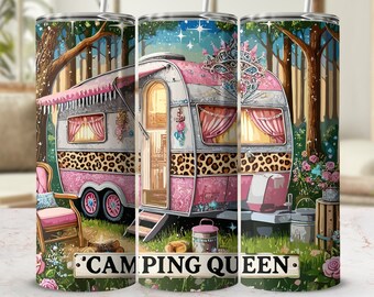 May include: A pink and white camper with a leopard print design, surrounded by trees and flowers. The camper has a sign that says "Camping Queen".