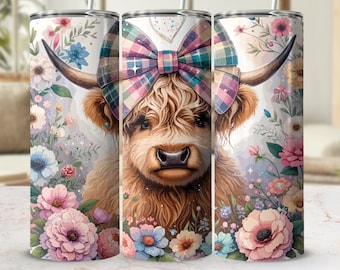 Floral Highland Cow Tumbler Wrap: Sublimation Design (Digital Download)