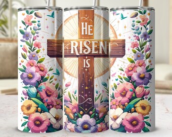 He Is Risen Easter Tumbler Wrap: Floral Cross Design (Digital Download)