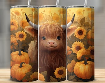Highland Cow Fall Tumbler Wrap: Sunflowers & Pumpkins (Digital Download)