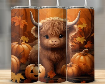 Highland Cow Fall Tumbler Wrap: Pumpkins & Sunflowers (Digital Download)