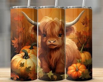 Highland Cow Fall Tumbler Wrap: Pumpkins & Sunflowers (Digital Download)