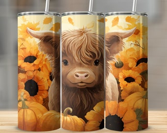 Highland Cow Fall Tumbler Wrap: Sunflowers & Pumpkins (Digital Download)