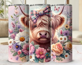 Floral Highland Cow Tumbler Wrap: Sublimation Design (Digital Download)