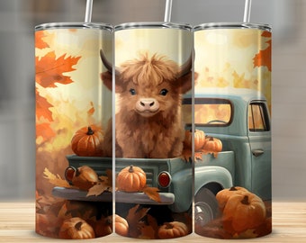 Highland Cow Fall Tumbler Wrap: Pumpkins & Sunflowers (Digital Download)