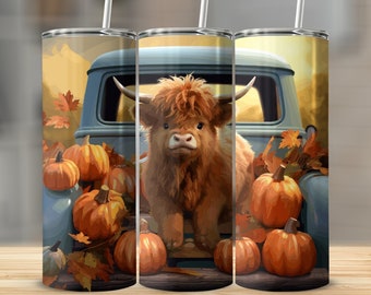 Highland Cow Fall Tumbler Wrap: Sunflowers & Pumpkins (Digital Download)