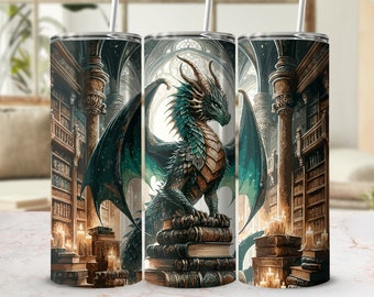 Book Dragon Tumbler Wrap | Reading Book Lover Tumbler | Dragon 20 Oz Skinny Straight Tumbler Sublimation Design | Instant Digital Download