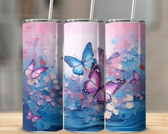 Coloridas mariposas holográficas 3D 20 oz Tumbler Wrap Diseño de sublimación Descarga instantánea