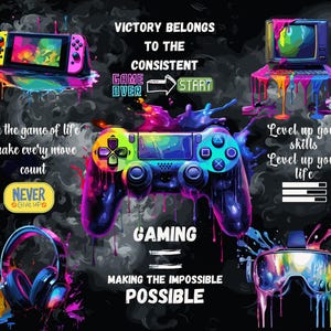 May include: A colourful illustration of a video game controller with the text "GAMING MAKING THE IMPOSSIBLE POSSIBLE" and other motivational quotes about gaming and life. The image features a variety of gaming consoles and accessories, including a Nintendo Switch, a vintage computer, and a pair of VR goggles.