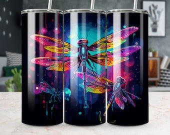 Neon Dragonfly Tumbler Sublimation Design: Watercolor PNG (Digital Download)