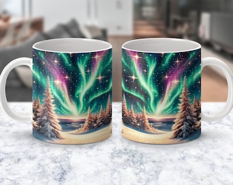 Opakowanie na kubek „Northern Lights”: wzór sublimacji leśnej (pobranie cyfrowe)