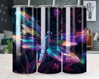 Neon Dragonfly Tumbler Sublimation Design: Watercolor PNG (Digital Download)