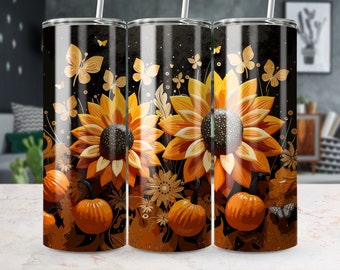 Fall Tumbler Wrap: Sunflowers and Pumpkins Sublimation Design (Digital Download)