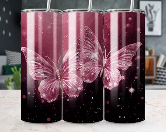 Butterfly Tumbler Design | Digital Download | Butterfly Tumbler Wrap | Pink Butterfly Glitter Tumbler Png | 20Oz Skinny Tumbler Png