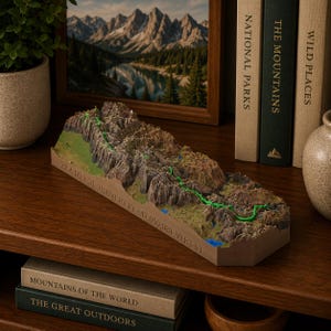 May include: A 3D topographical model of a mountain range featuring textured brown and green terrain with a bright green trail path marked across the surface. The side of the base displays the text 22.4 MI + 31,750 VERT FT + 47,050,081 VERT FT.